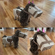 four pictures of the same horse made out of cardboard and paper mache, on wooden flooring