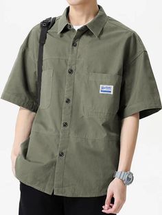 Men's Short Sleeve Buttoned Casual Cargo Shirt Military Style Short Sleeve Cotton Shirt, Street Preppy, Short-sleeved Camp Shirt With Pockets For Streetwear, Military Streetwear Shirt With Pockets, Khaki Short Sleeve Military Shirt, Preppy Vintage, Outdoor Military Short Sleeve Shirt, Cargo Shirts, Height And Weight