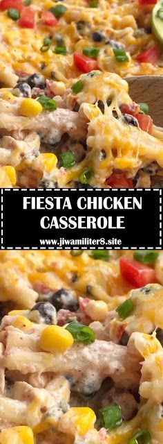 the casserole has chicken, black beans, and peppers on it with a wooden spoon