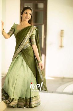 Green Dhavani Set, Cotton Half Saree South Indian, Ival Halfsaree, Georgette Half Saree Designs, Pavadai Thavani Design, Half Saree Ideas Simple, Georgette Half Saree, Half Saree Designs Simple, Dhavani Designs