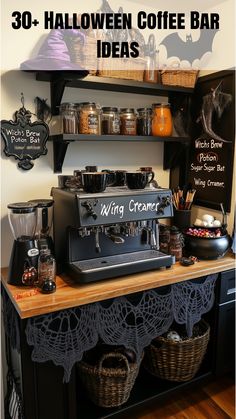 A gothic-inspired coffee bar with a deep black backdrop, skull mugs, witch-themed accents, a bat-shaped garland, and orange pumpkins, creating a spooky and elegant Halloween atmosphere. Haunted Manor, Moody Decor, Coffee Nook, Pumpkin Coffee, Bar Displays, Black Backdrop, Classic Halloween, Bar Set Up, Small Pumpkins