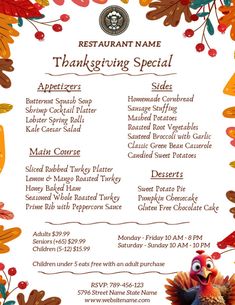 Thanksgiving Menu Design Thanksgiving Menu Design, Special Offer Design, Thanksgiving Flyer, Broccoli Sauteed, Southern Thanksgiving Menu, Kale Caesar Salad, Peppercorn Sauce, Sweet Potato Slices, Offer Design