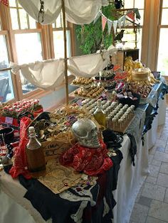 a long table with many items on it