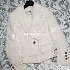 Brand New Chanel Jacket In Size 40 Lost Receipt. Can Adjust Size In Store Designer Tailored White Outerwear, Luxury Fitted Cream Outerwear, Luxury Cream Blazer For Winter, Luxury White Outerwear With Lapel Collar, Designer White Spring Blazer, Designer White Blazer For Spring, Designer White Blazer For Fall, White Designer Blazer For Spring, Designer White Winter Blazer