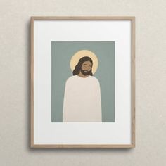 an image of jesus with a beard framed in a wooden frame on the wall above it