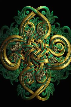 an intricate gold and green design on a black background