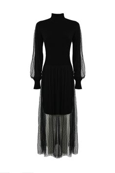 long knit and tulle dress: long sleeves polo neck bustier effect ribbed workmanship tulle skirt elasticated wrists snug fit composition: 40% polyamide, 40% viscose 15% wool 5% cashmere | TwinSet Women's Long Knit And Tulle Dress | FW23/24 Black Knit Long Sleeve Dress, Luxury Long Sleeve Knit Dresses, Black Sheer Long Sleeve Midi Dress, Long Sleeve Pointelle Knit Dress, Luxury Black Long Sleeve Sweater Dress, Elegant Lingerie, Long Sleeves Polo, Long Knit, Polo Neck