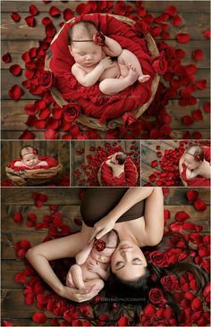 a woman laying on top of a bed of red roses next to a baby in a basket