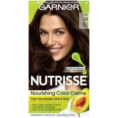 Garnier Nutrisse is the only permanent hair color creme that nourishes while you color with avocado, olive, and shea oils. The nourishing color creme enriched with fruit oil concentrate, penetrates deep into hair fibers to nourish and condition your hair so it takes color better and holds it longer, root-to-tip. Garnier Nutrisse delivers rich, radiant, long-lasting hair color with 100% grey coverage.  Permanent, nourishing hair color creme with three fruit oils- avocado, olive, and shea  The onl Hair Dye Colours, Garnier Color Sensation, Garnier Hair Color, Caramel Fudge, Light Golden Brown, Permanent Hair Dye, Natural Blondes, Permanent Hair Color, Hair Dye Colors