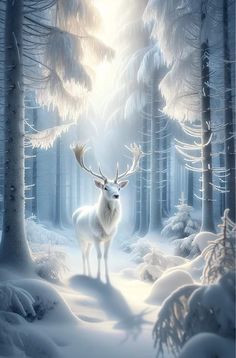 a white deer standing in the middle of a forest with snow on it's ground