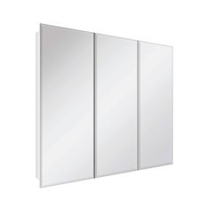 a white bathroom cabinet with three doors and mirrors on the wall in front of it