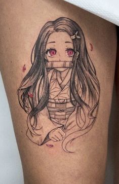 a girl with long hair and red eyes is shown in this tattoo design on the thigh