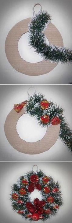 three pictures of christmas wreaths hanging from the ceiling and on top of each other