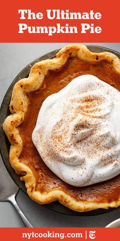 the ultimate pumpkin pie with whipped cream on top is ready to be eaten and served