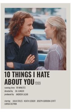 an advertisement for the movie 10 things i hate about you, featuring a man and woman looking at each other