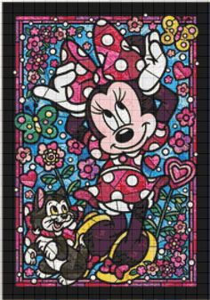 a painting of minnie mouse and her cat in front of a stained glass window with flowers