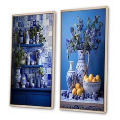 two pictures of blue and white vases with lemons