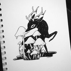 a black and white drawing of a deer eating mushrooms