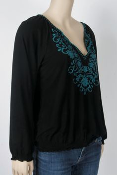 Great Pre-owned Condition Size: Large Color: Black Teal Embroidery Pullover Ribbed Waistband & Armbands 95% Rayon, 5% Spandex Thrift Boutique, Online Thrift, Embroidered Top, Southern California, Arm Band, Long Sleeve Tops, Tunic Tops, Long Sleeve Blouse, Top Blouse