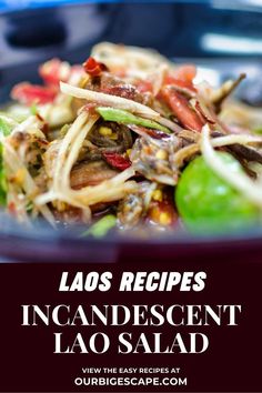 a close up of a plate of food with the words las recipes incadescent lao salad