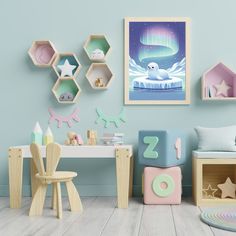 a child's room decorated in pastel colors with toys and artwork on the walls