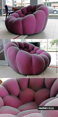 an unusual couch in the shape of a heart is shown with different angles and colors