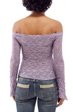 Charm from day to night in this lovely lacy top designed in a sleek shoulder-baring silhouette. 15 1/2" center front length ( size Medium) Off-the-shoulder neck Long sleeves 64% polyester, 35% recycled polyester, 1% elastane Machine wash, line dry Made in Turkey Spring Purple Off-shoulder Top, Feminine Purple Tops With Lace Trim, Purple Lace Tops For Spring, Purple Fitted Lace Top, Stretch Lace Off-shoulder Top, Purple Lace Top For Spring, Fitted Purple Lace Top, Feminine Fitted Lavender Top, Purple Stretch Feminine Top