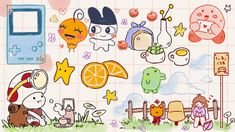 an image of some cartoon characters on the wall with oranges and other things around them