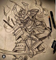 a drawing of a knight with swords and armor on it's back, in pencil