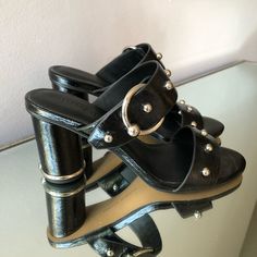 Rebecca Minkoff Women’s Chunky Heel Sandal | Black Patent Leather With Silver Detailing | Size 6.5 | Never Worn | Comes Without Shoe Box Chunky Heels Sandals, Black Sandals Heels, Heel Sandal, Black Patent Leather, Chunky Heel, Shoe Box, Chunky Heels, Rebecca Minkoff, Women's Shoes Sandals