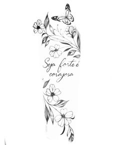 the back of a woman's arm with flowers and butterflies on it, in black and white