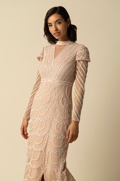 Beige gown embroidered with beads and sequin in scallop and geometric pattern with side slit. - Aza Fashions Beige Gown, Beaded Gown, Aza Fashion, Geometric Pattern, Sequin, Beads, Pattern