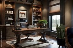 a home office with wooden floors and built - in bookcases