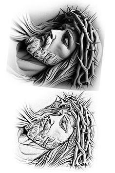 two pictures of jesus and the head of jesus with thorns on their heads, one in black and white