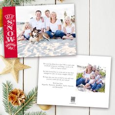 a christmas card with an image of two people and a dog sitting on the beach