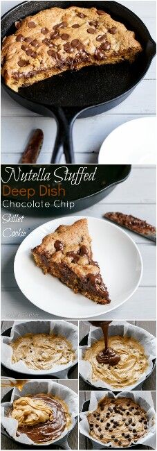 chocolate chip nutella stuffed cheesecake in a cast iron skillet