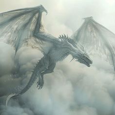 a white dragon is flying through the clouds