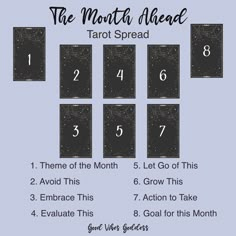 the month ahead tarot spread is shown in black and white with numbers on it