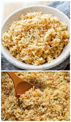 rice in a white bowl with a wooden spoon next to it and another photo of rice