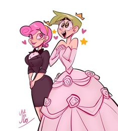 two cartoon characters dressed in pink and black outfits, one is holding her hand out to the