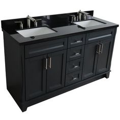 double sink vanity with black cabinet and white porcelain sinks on each side, viewed from the front