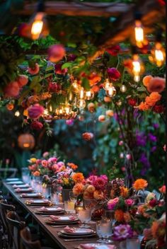 an outdoor dining table with flowers and candles on the top, surrounded by greenery