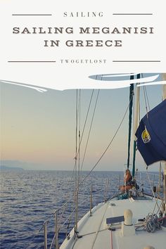 the front end of a sailboat with text saying sailing meganisii in greece