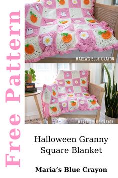 a crocheted blanket with flowers on it and the words halloween granny square blanket