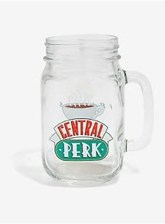 a glass jar with the words central perk on it