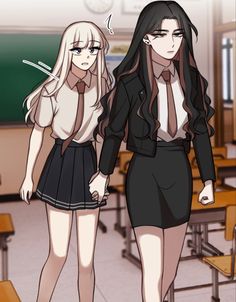 two girls in school uniforms are walking towards the classroom with their hands on their hips