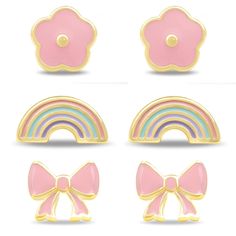 Gold Plated Silver Enamel Ribbon, Rainbow, and Flower Screw Back Earrings for Girls - Ages 3-4 & Ages 4+ - Gift, Present, Birthday, Christmas, Everyday Earrings Delight your little one with these adorable and safe Gold Plated Silver Enamel Ribbon, Rainbow, and Flower Earrings, designed specifically for girls ages 3-4 and 4+. Crafted from high-quality sterling silver with a durable gold plating, these earrings feature a fun and colorful enamel design that includes charming ribbon, rainbow, and flower motifs. The secure screw-back closure ensures they stay comfortably in place, making them perfect for active children. These earrings are hypoallergenic and nickel-free, providing both style and comfort for sensitive ears. Ideal for birthdays, holidays, or special occasions, these earrings make Rainbow Flower, Earrings For Girls, Bow Ribbon, Flower Stud Earrings, Rainbow Earrings, Flower Stud, Colorful Jewelry, Enamel Earrings, Flower Earrings Studs