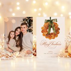 a christmas card with an ornament on the front, and a photo of a family