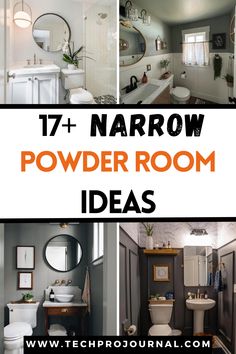 bathroom with text overlay that reads 17 + narrow powder room ideas