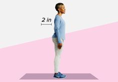 a woman standing in front of a pink and white background with the measurements for her pants